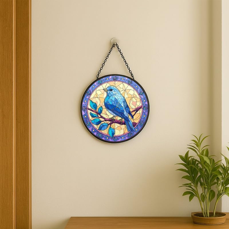 Bluebird on Branch Stained Glass Window Hanging - Sun Catchers Indoor Window Stained Glass Panels Wall Decor for Mom，Wife，Lovers 7.8in -89