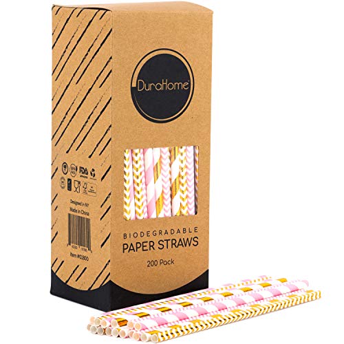 Image of Paper Straws 200 Pack Biodegradable Gold and Pink Striped Design 8.25 inch Straw for Everyday /Birthday Party /Baby Shower /Wedding /Anniversary and Parties, Long Lasting - by DuraHome (200 Pack, Gold & Pink)