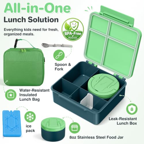 Image of Bento Lunch Box with 8oz Soup Thermo,Kids Leakproof 4 Compartment Lunch Food Containers with Sauce Cup and Ice Pack,Kids Thermo Insulated Hot Food Jar and Lunch Bag for School,Trvael-Green