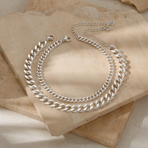 Image of Tewiky Chunky Ankle Bracelets for Women,Dainty Layered Waterproof Anklet for Women Adjustable Cuban Set Stackable Cute Summer Beach Jewelry Gift