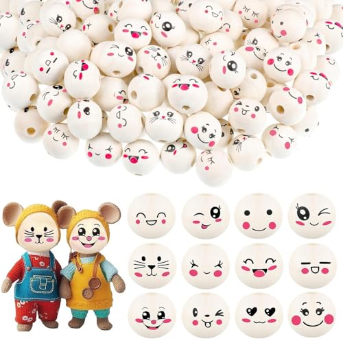Taasmoog 120 cuentas de madera con cara de 20 mm, bolas redondas de madera natural, sonrisa, pequeñas cuentas de madera, juego de cuentas de madera, cuentas de madera, perlas de madera, bolas de