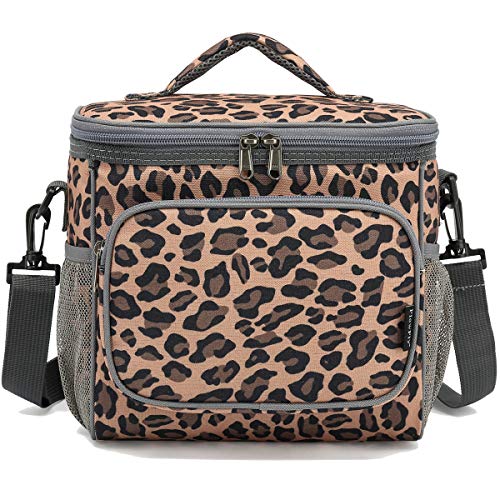 Flowfly Insulated Reusable Lunch Bag Adult Large Lunch Box For Women And Men With Adjustable Shoulder Strap,Front Zipper Pocket And Dual Large Mesh Side Pockets, Leopard #TOP5