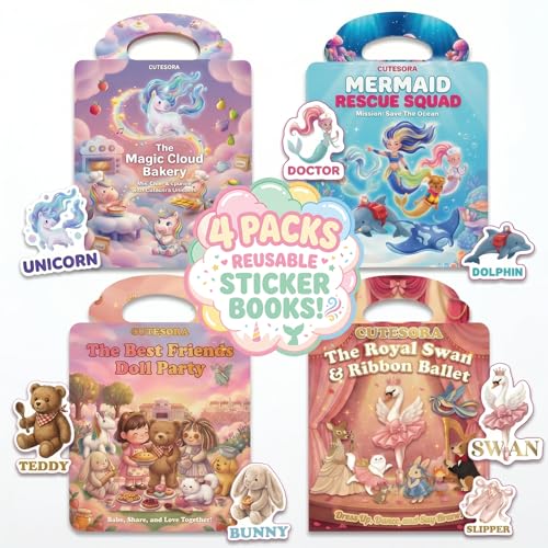 4 Livres Gommettes Enfants 2 Ans, Stickers Repositionnables 3D, Licorne Sirène Poupée Danseuse, Activité Manuelle Autocollant Cadeau Fille Garçon 3 Ans