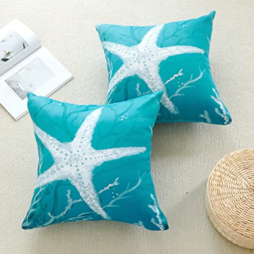 Tritard Starfish Throw Pillow Covers Set of 2 Coastal Nautical Pillow Cases Ocean Themed Coral Pattern Beach Couch Cushion Covers for Living Room Bedroom Sofa Car, 18x18 Inches, Blue - Image 3