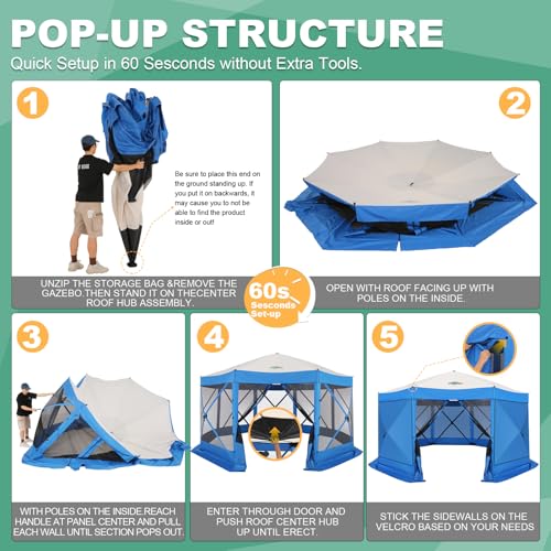 Image of COBIZI 15x15 FT Pop Up Gazebo - Canopy Tent, Large Gazebos On Clearance with Sidewalls, Screened in Gazebo,carpas para Patio,Portable Screen Tents for 12-15 Persons Outdoor Camping, Backyard, Blue
