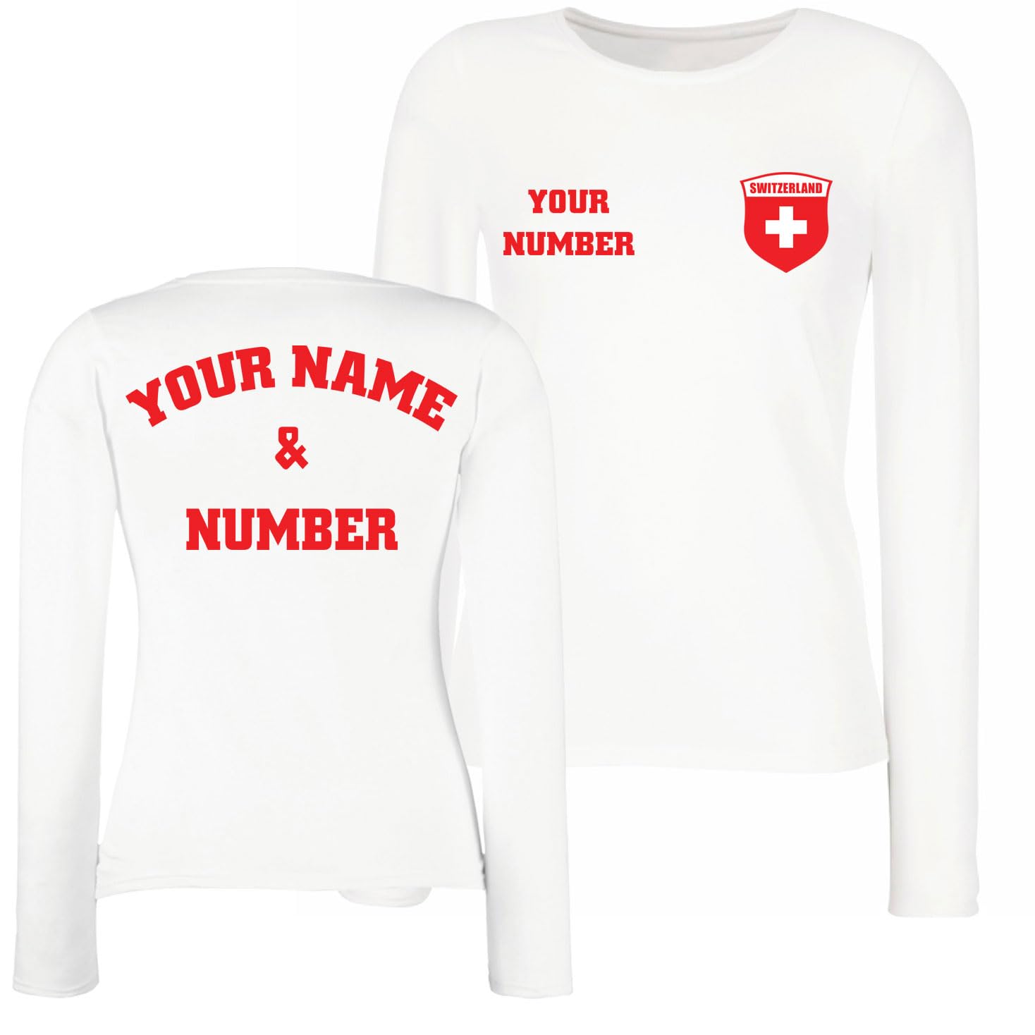 lepni.me Womens Personalised Long Sleeve Soccer Jersey Switzerland T-Shirt Swiss Flag European Football Championship 2024 (XL White Multi Color)