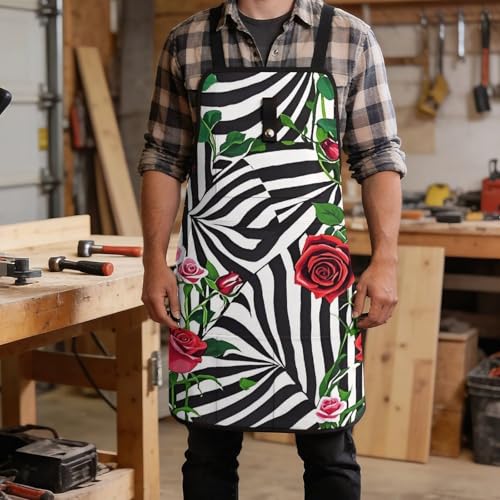 Delantal de trabajo con flores y tiras negras y blancas miniatura 5