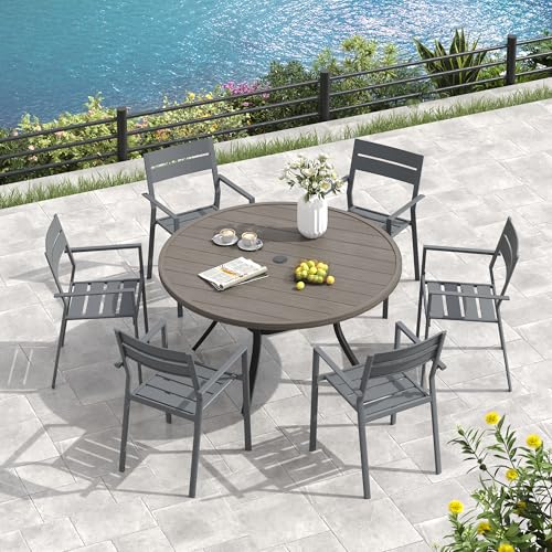 Image of VICLLAX 53 inch Round Patio Table, Outdoor Dining Table for 8 with Umbrella Hole for Garden Lawn Deck Backyard, Antique Grey