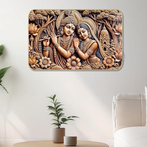 Image of Masstone Radha Krishna Crystal Embedded High Gloss Wall Painting, Golden Slim Frame, 45x30 Cm Wall Art for Living Room, Bedroom, Office & Home Decor (HG13)