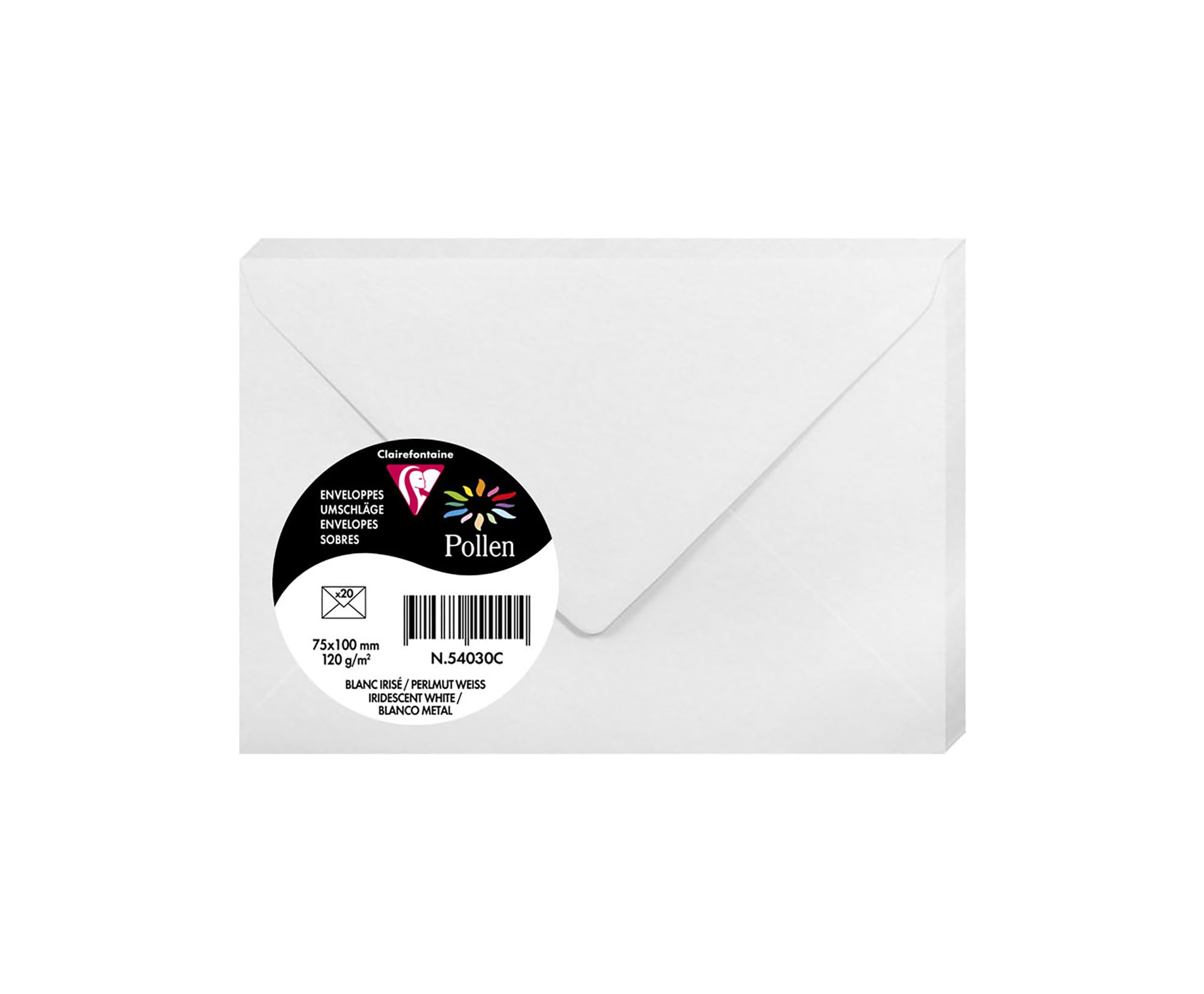 Clairefontaine 54030C - Paquet de 20 Enveloppes Mini Format 7,​5x10cm Blanc Irisé - 120g/​m² - fermeture gommée - Invitation Evènements et Correspondance - Gamme Pollen - Papier Lisse