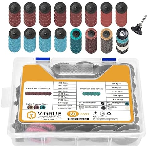 VIGRUE 80Pcs Sanding Discs Set, 2 Inches Quick Change Discs with 1/4 inch Holder, Surface Conditioning Discs for Die Grinder Surface Prep Grind Polish Burr Rust Paint Removal with Container Cover