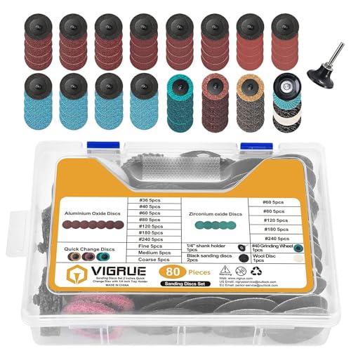 VIGRUE 2 Inch Sanding Discs Set, Die Grinder Pad for Drill Die Grinder Accessories with 1/4" Shank Holder for Grind Polish Burr Finish Rust Paint Removal, Quick Change Discs