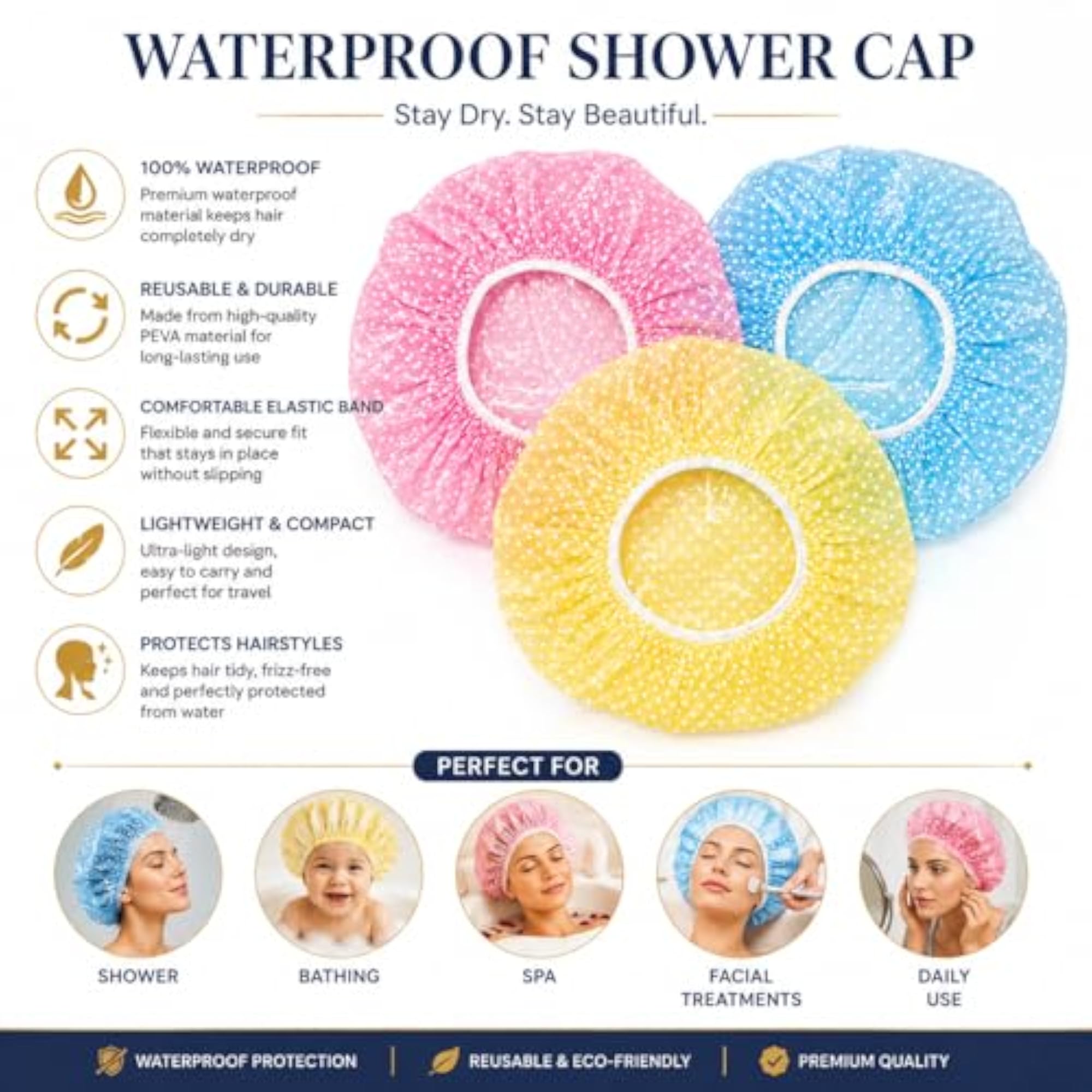 Pack of 3 Reusable Waterproof Shower Caps