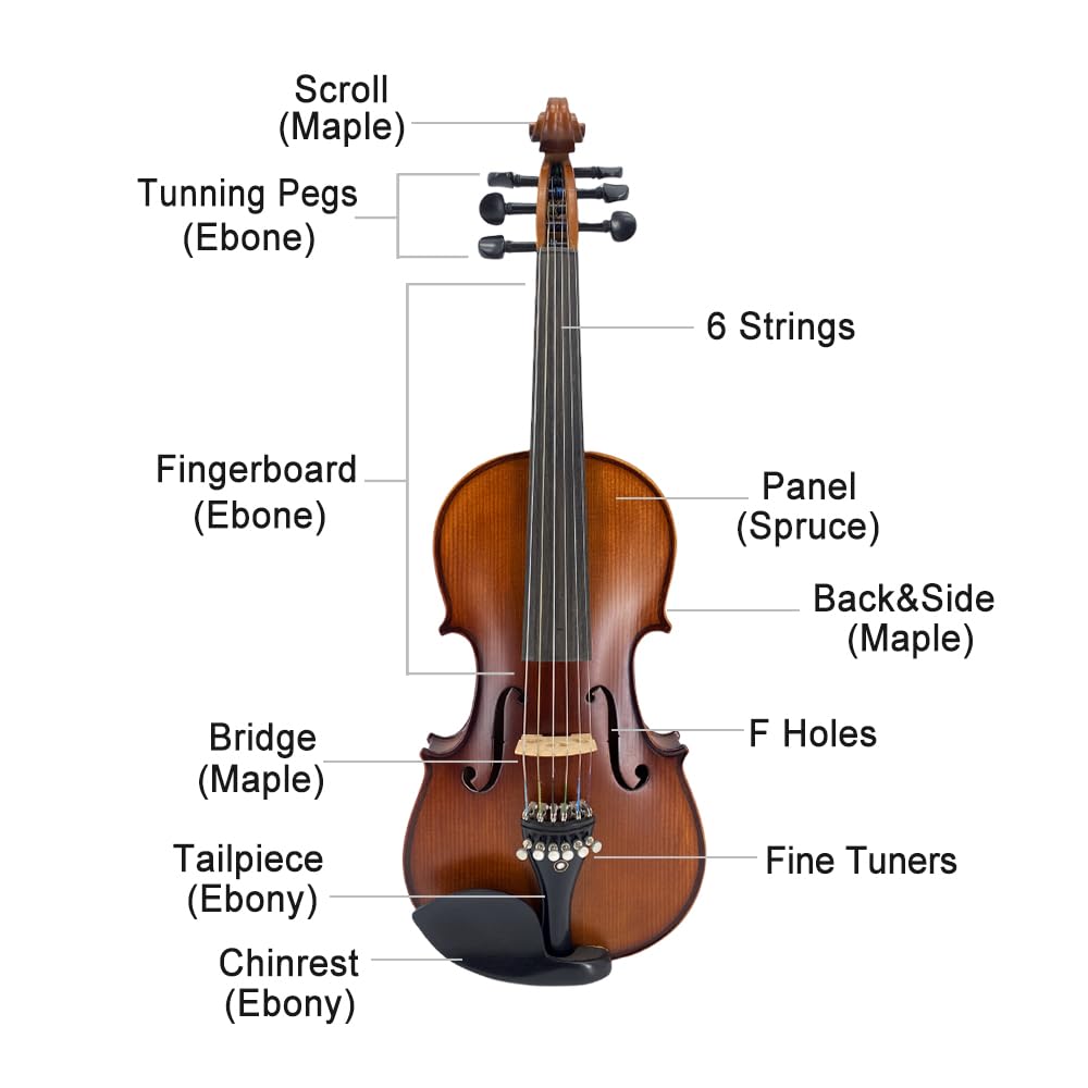 Violino 4/4 Full Size per Adulti, Violino Acustico per Principianti a 5 Corde, Set di Violino con Custodia, Archetto in Legno massello di Acero e Abete Rosso (Cinque accordatori di Precision