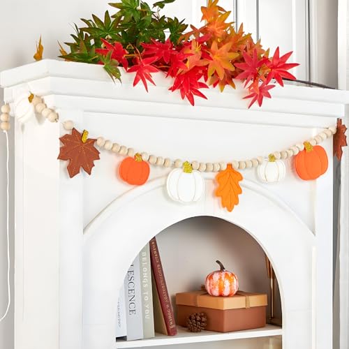 Image of Fall Decorations for Home Felt Pumpkin Garland and Wood Bead Felt Pumpkins Hanging Garland Maple Leaf Banner for Thanksgving Decorations Indoor Fall Harvest Festival Halloween Wall Decor (8.2ft)