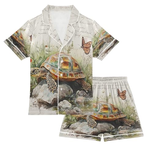 ALAZA Sea Turtle Butterfly Flower Satin Pajamas Set Short Sleeve Button Down Sleepwear Summer Pjs 2 Piece