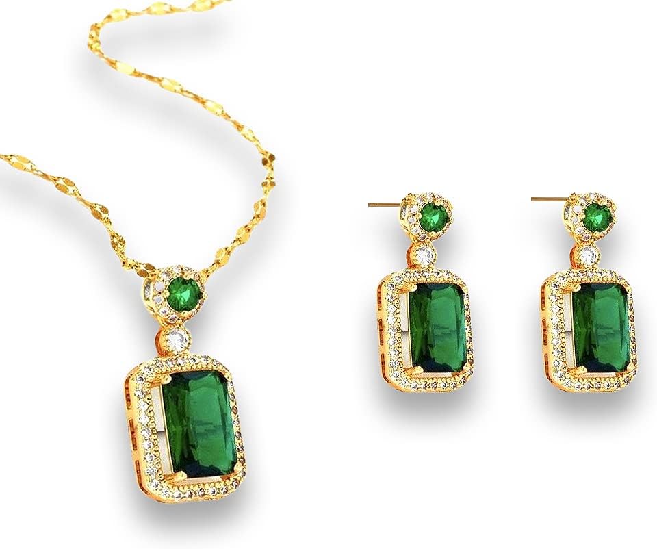 Women Jewelry Set Rhinestone Zircon Emerald Pendant Necklaces & Earrings Set 925 Sterling Silver Created