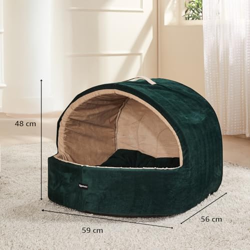 Image of Amazon Basics Pet Bed Cave | Soft & Warm Indoor Tent Bed for Cats, Kittens & Small /Medium Dogs (Pug, Beagle, Shih Tzu) | Foldable with Removable Cushion | Emerald Green & Beige | 59 x 56 x 48 cm