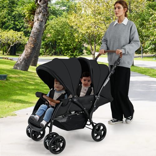 INFANS Double Stroller, Foldable Baby Tandem Stroller with Djustable Backrest Canopy Footrest, 5-Point Harness, Storage Basket, Convertible Compact Twin Stroller for Infants and Toddlers - Image 3