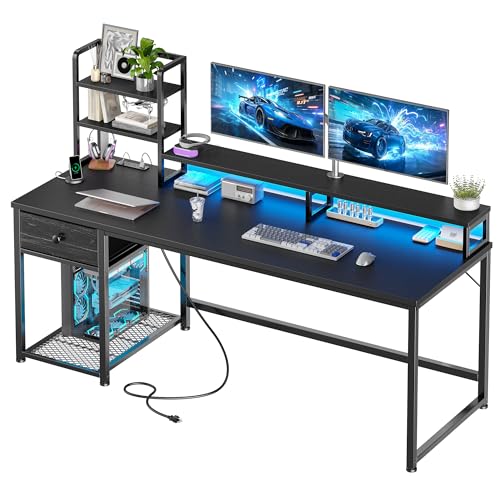 Gaming desk setup with dual monitors, integrated cable management, ergonomic design, and storage shelves, showcasing modern gaming aesthetics and functionality.