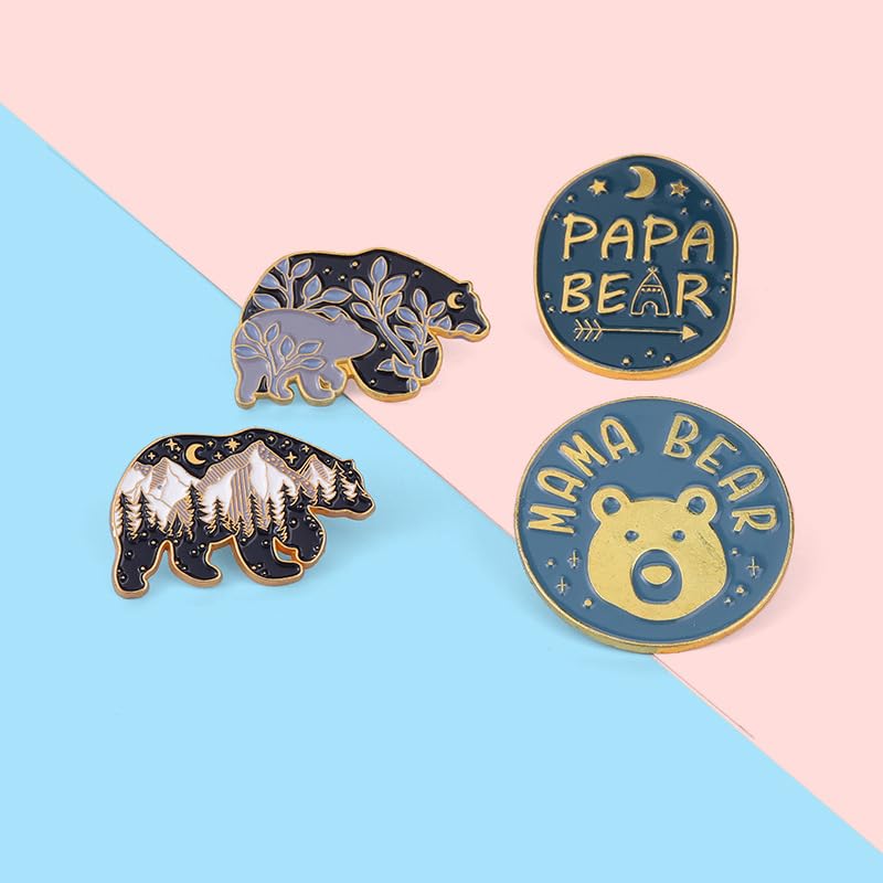 Image of Cartoon Big Brown Bear Enamel Lapel Pin With Snow Mountain Night Scene Pattern Badge Collar Brooch