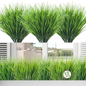 Moulyan 12 Bundles Artificial Flowers for Outdoors UV Resistant Fake Flowers Faux Plants for Hanging Garden Porch Window Box Outside Decoration,Home Indoor Decor (Green Grass, 12 Bundles)