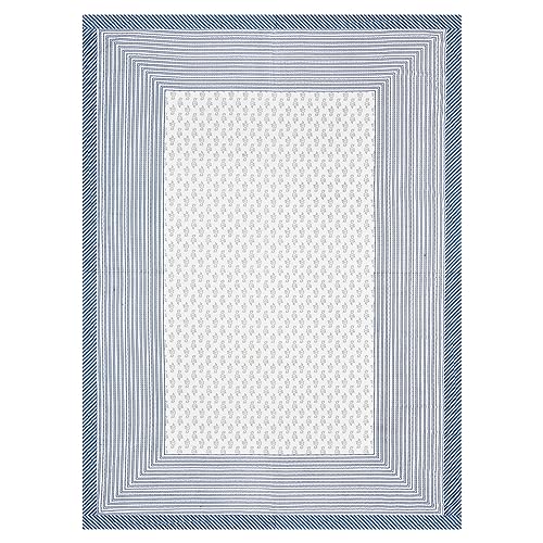 Image of BLOCKS OF INDIA 200Tc Diwan Set Cotton 8 Piece | Deewan Printed Bedsheet Sets For Living Room Hall (Set Of 8 Piece, 1-Bed Sheet | 2-Bolster Cover | 5-Cushion Cover (Color 22, White, Blue)