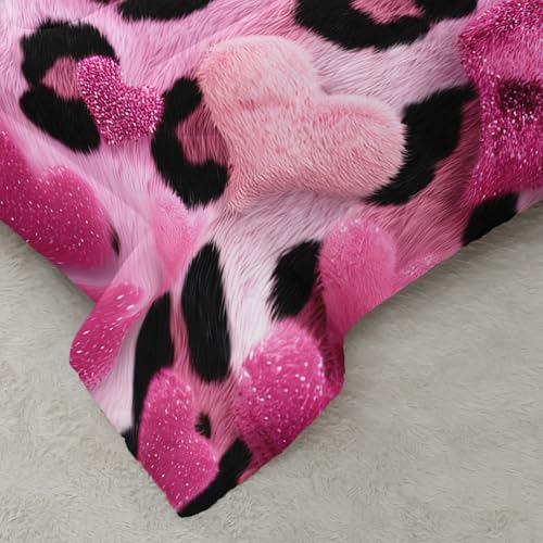 Image of AILONEN Girls Full Comforter Set,3-Piece Pink Heart Leopard Print Bedding Set for Room,Ccartoon Hearts Pink Black Comforter with 2 Pillowcases