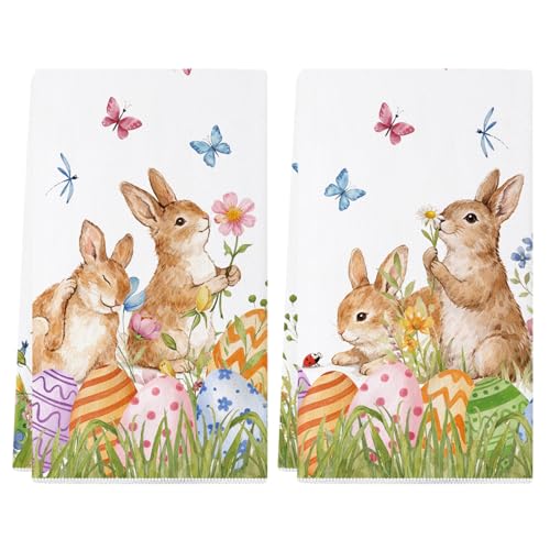 Siilues Easter Kitchen Towels Colorful Butterfly Floral Eggs Bunny Happy Easter Dish Towels 18x26 Inch Kitchen Hand Towels Seasonal Spring Decorations Home Party Decor Drying Dishcloth Set of 2