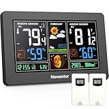 Newentor Weather Station Wireless Indoor Outdoor Thermometer, Color Display Digital Weather Thermometer with Atomic Clock, Barometric Pressure, Forecast Station with Adjustable Backlight,Black,2Sensor