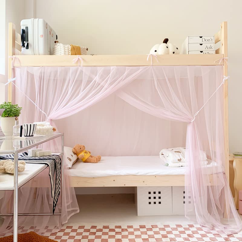 Akiky Bunk Bed Curtains Student Dormitory Mosquito Net 4 Corner Post Bed Canopy for Kid Teens Dustproof Loft Bed Curtains(Light Pink,Twin Extra Long)