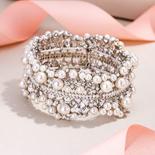 EVER FAITH Austrian Crystal Simulated Pearl Bridal Flower Stretch Bracelet Clear Silver-Tone - Image 5