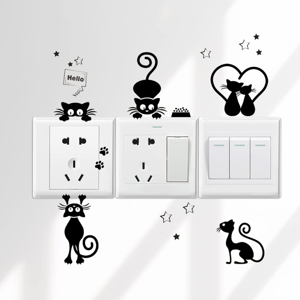 Stickers Interrupteur, Cat Light Switch Stickers Funny Animal Stickers Muraux pour Chambre Salon Noir 16Pcs