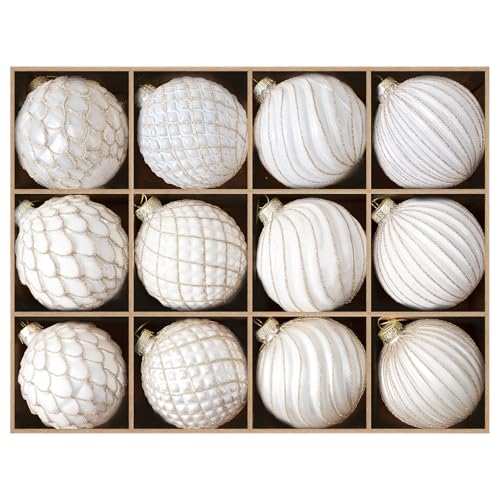 DN DECONATION Weihnachtskugeln Set, 12-teilig - Weiß Gold Vintage...