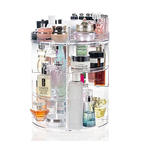 Queenmail Makeup Organiser,360 Rotating Adjustable Cosmetic Display Storage for Perfume Jewellery,Revolving Make Up with 4 Adjustable Layers on Stand Spinning for Vanity Table Bedroom , Acrylic Clear