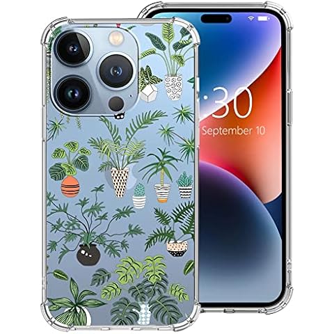 KYNWOGA Case Compatible with iPhone 14 Pro Max,Clear with Plants and Pots Pattern Design for Girl Women,Soft TPU Bumper Slim Yellow-Resistant Protective Case 6.7 Inch Cover