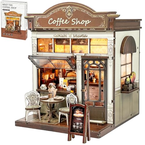 HYXBXSS Book Nook Kit DIY Miniature House Dollhouse Kit for Adults and Teens Booknook Tiny House Bookshelf Decor with LED Coffee Shop Building Kit 3D Wooden Puzzles Gifts for Family and Friends