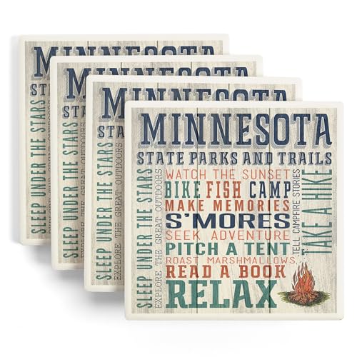 Minnesota State Parks, Campfire, Rustic Typography (Absorbent Ceramic Coasters Set of 4 Matching Images, Cork Back, Kitchen Table Decor)