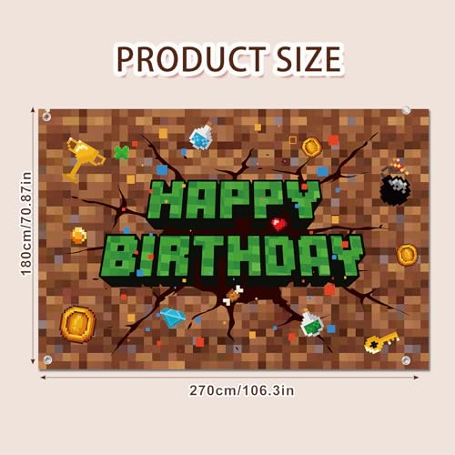 Image of Pixel Happy Birthday Backdrop, 106x71in /270x180cm Pixel Theme Party Decorations Video Game Banner Backdrop for Gaming Birthday Decor