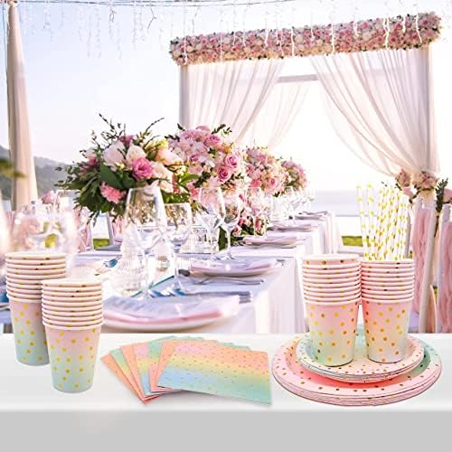 80Pcs Rainbow Colors Party Tableware Set, Pastel Pink Disposable Party Dinnerware Set with Gold Dot ,Paper Plates Cups Straws Napkins , for Girls Birthday, Wedding Anniversary Decorations (20 Guests)