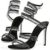 Fuazuzu Rhinestone Wrap Around Strappy Stiletto High Heels for Women, Open Round Toe Lace Up Heeled Sandals for Wedding Prom Party Dress (Grey 10.5)
