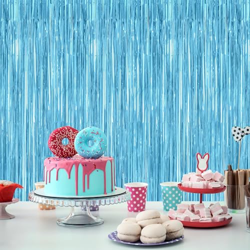 Image of 12 Pack Party Decorations, 3.28 FT x 7.05 FT Sky Blue Curtains, Metallic Party Streamers Photo Booth Backdrop Foil Fringe Curtains, Light Blue Winter Wonderland Backdrop Birthday Decor