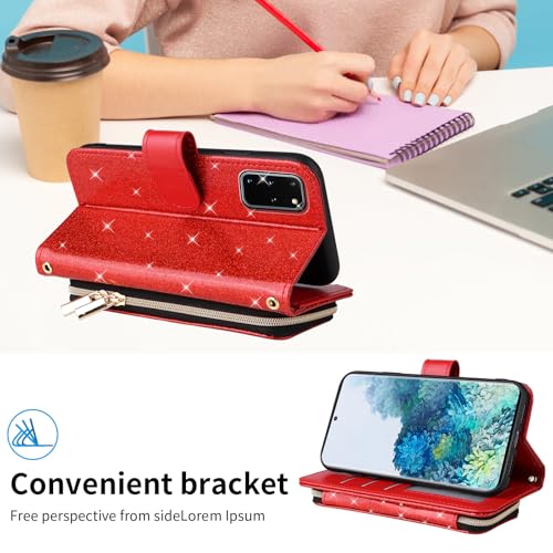 Furill Wallet Case for Samsung Galaxy S20 Plus S20+ 5G with Wrist Strap Crossbody Shoulder Strap Stand Leather Phone Cover with 9+ Card Slots Zipper Purse S20+5G S20plus 20S + S2O S 20 20+ G5 Red - image 3