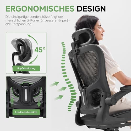 GTPLAYER Bürostuhl Ergonomisch, Schreibtischstuhl mit Verstellbarer Kopfstütze, Armlehnen, Lendenwirbelstütze, Büro Stuhl & Gaming Stuhl Wippfunktion, Chefsessel aus Mesh, 150kg(Schwarz)