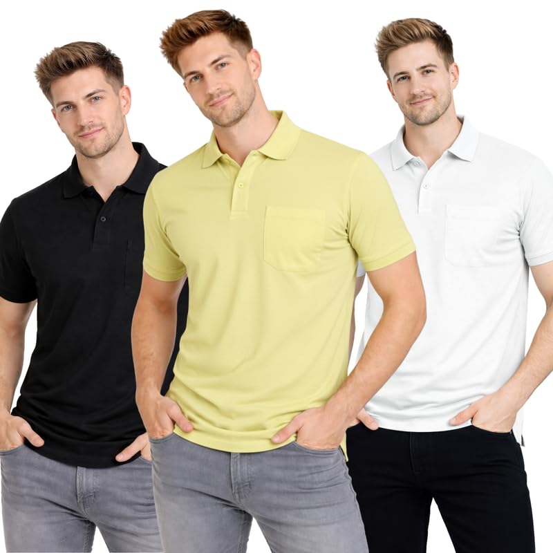Image of SMAN Polo Neck T-Shirt Pack of 3 for Men & Boys | Half Sleeve Collar Tee with Pocket | Premium Spun Matty Fabric | Casual & Office Wear | Sizes M to 2XL | FX PO3 MCR LMN WHT
