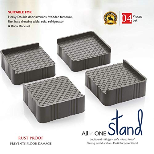 Image of Kitchenwell Multi-Purpose Square Stand, Set of 4 Black Plastic Stands for Single Door and Double Door Refrigerators, Washing Machines, and Furniture (Standard Size, 445 Grams, 120mm x 120mm x 150mm)