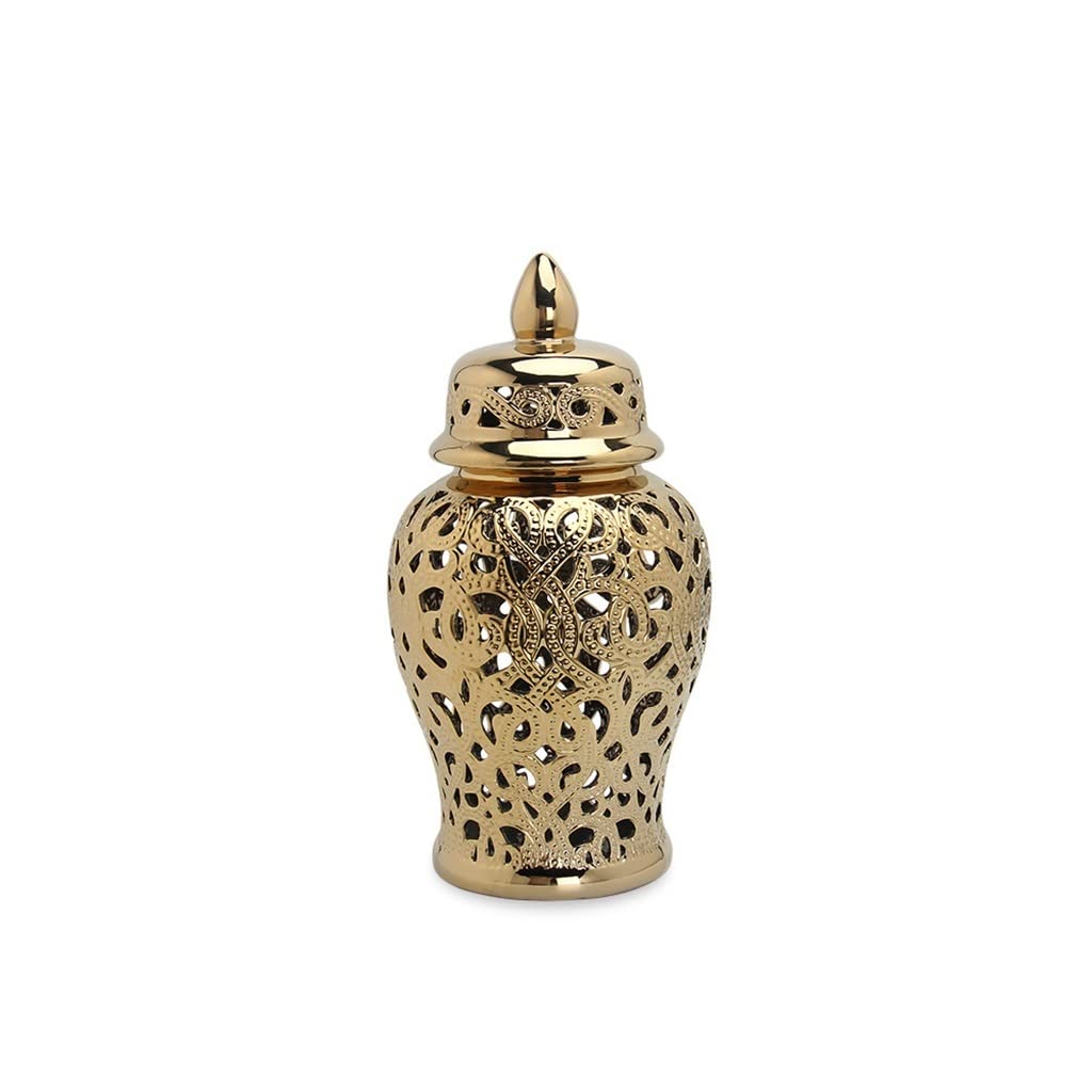 ARTLINE Vase Ginger Jar for Home Decor, Decorative Ceramic Temple Jar with Lid, Carved Lattice Gold Vase Gift Jars (Medium)