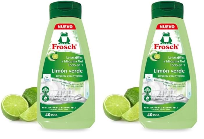 Frosch - Gel Lavavajillas a Máquina, Todo en 1 con Limón Verde, Limpieza y Brillo, Sin Microplásticos Ni Componente Animal, 40 Dosis -650 ml (Paquete de 2)
