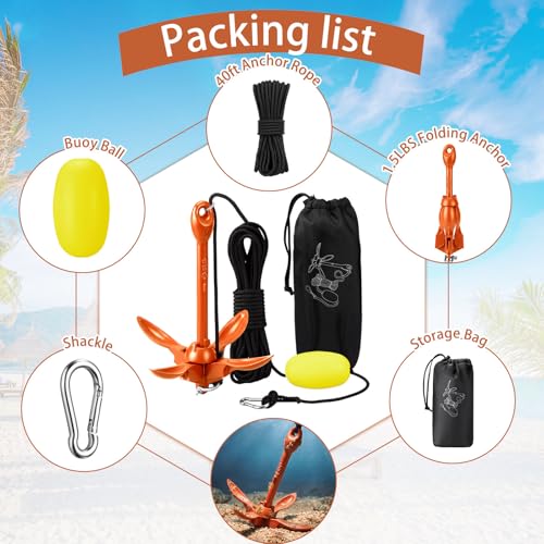 Image of MorningRo 1 Pack 1.5 /3.5 lb Marine Kayak Anchor Kit with 40ft Rope and Buoy Folding Grapnel Boat Anchor Kit Kayak Fishing Accessories for Small Boats, Canoe, SUP Paddle Boards