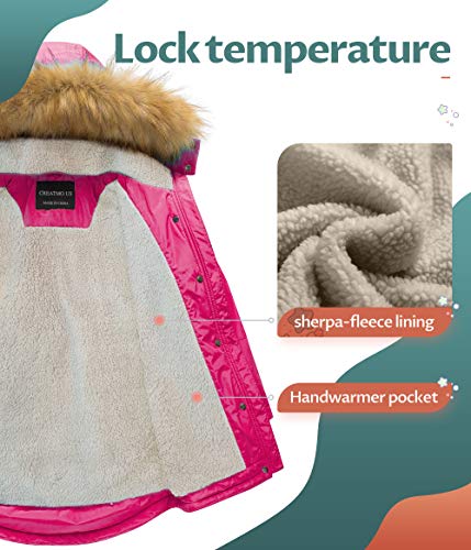 Creatmo Us Girl's Water Repellent Puffer Jacket Soft Sherpa Lined Padded Hooded Winter Coat Rose Red 10/12 #TOP2